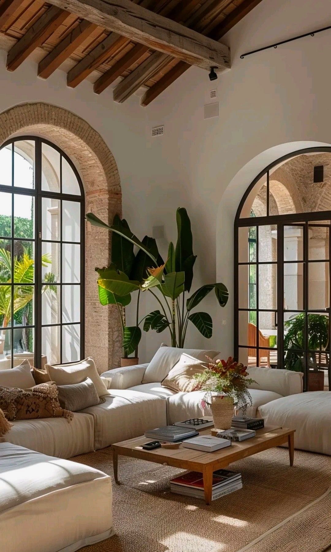 A spacious boho living room with arched windows and a large L-shaped white sofa, surrounded by lush plants and soft lighting.