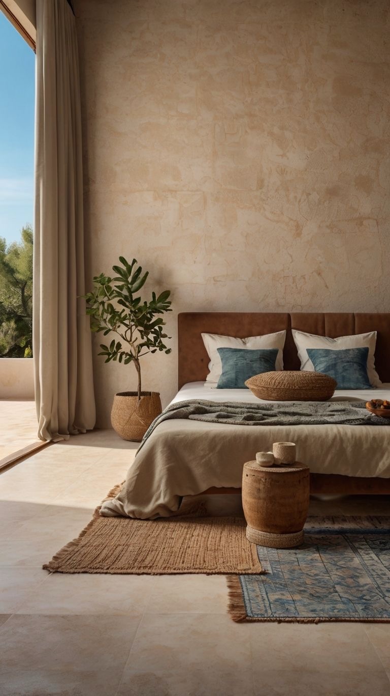 A luxurious bedroom with a bed draped in linen and surrounded by an olive tree, floor-to-ceiling curtains, and a wooden stool with candles.